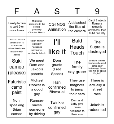 F9 Predictions Bingo Card