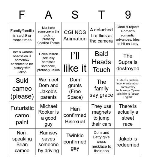 F9 Predictions Bingo Card