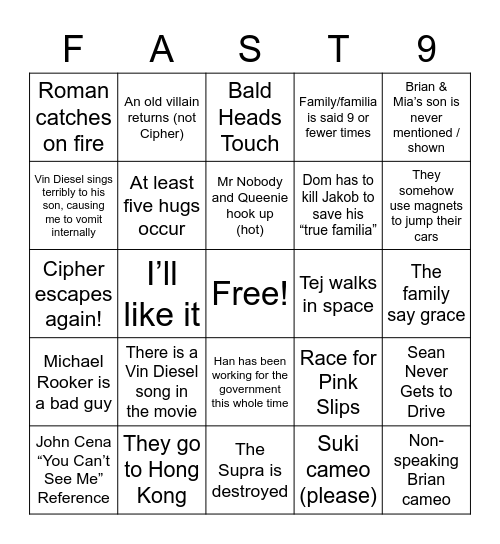 F9 Predictions Bingo Card