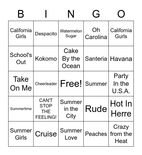 Summer Jamz Bingo Card