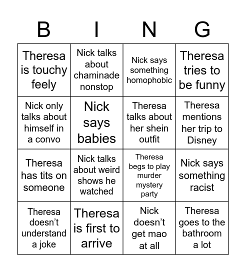Theresa Nick Bingo Card