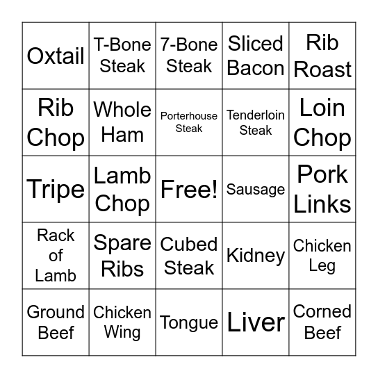 Retail Cut Bingo Card