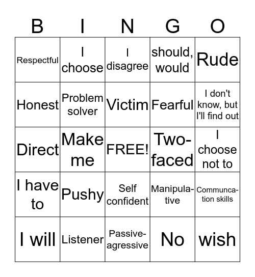 Assertive vs. Aggressive Bingo Card
