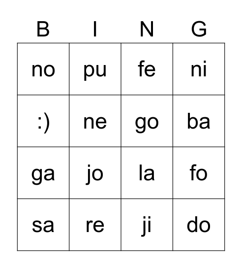 Sílabas Bingo Card