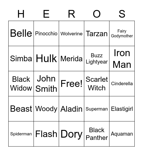 DISNEY HEROS Bingo Card