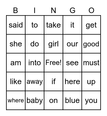 Kindergarten Sight Words Bingo Card