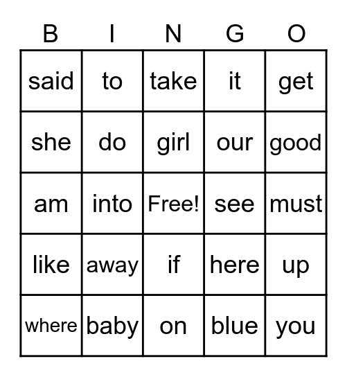 Kindergarten Sight Words Bingo Card