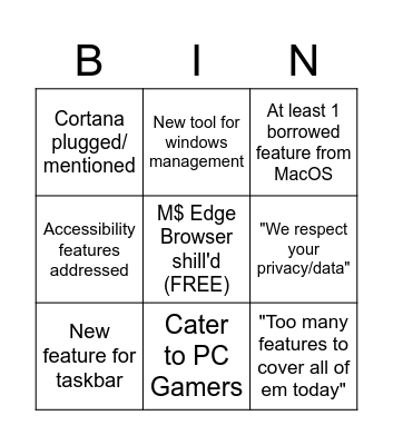 Windows 11 Keynote (2021-06-04) Bingo Card