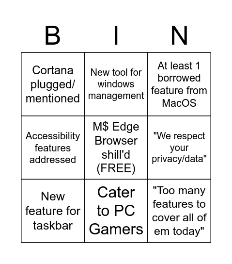 Windows 11 Keynote (2021-06-04) Bingo Card