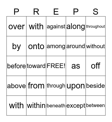 Preposition Bingo Card