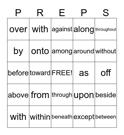 Preposition Bingo Card