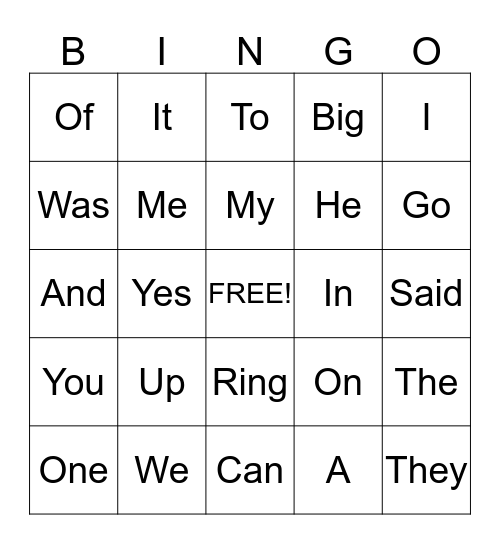 Sight Word Bingo Card