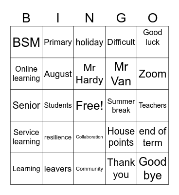End of term bingo Card