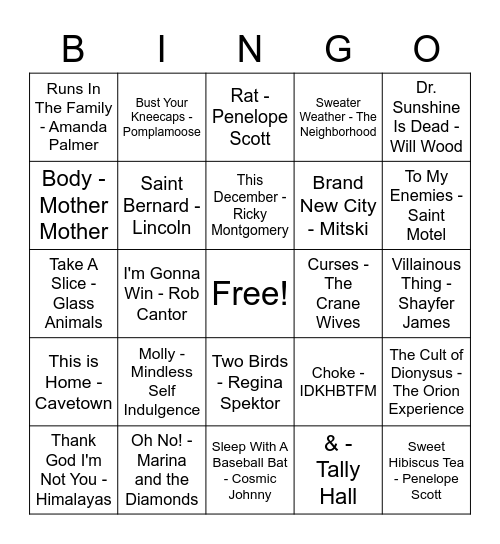 OC Playlist Bingo Card