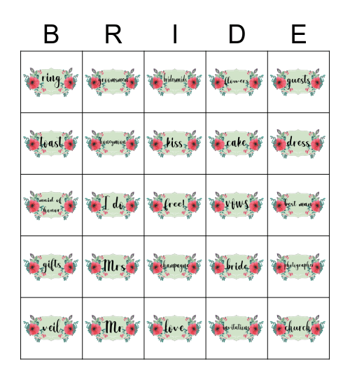 Jillian's Bridal Bingo Card