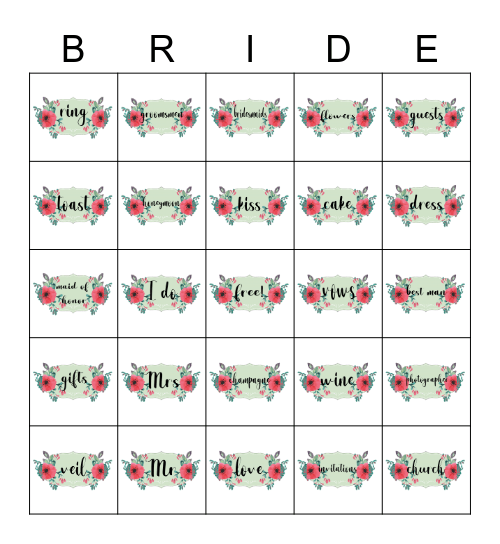 Jillian's Bridal Bingo Card
