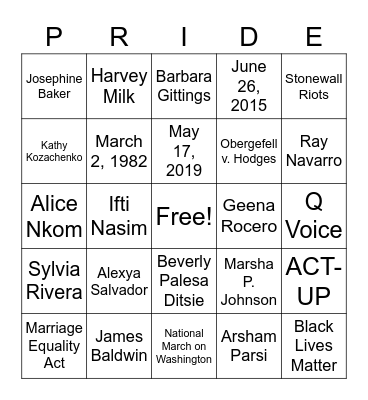 Pride PRIDE (BINGO) Bingo Card