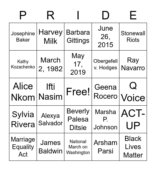Pride PRIDE (BINGO) Bingo Card