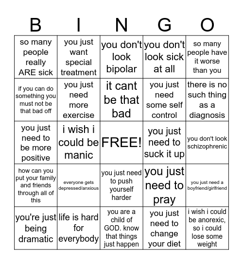 Mental Illnes Stigma Bingo Card
