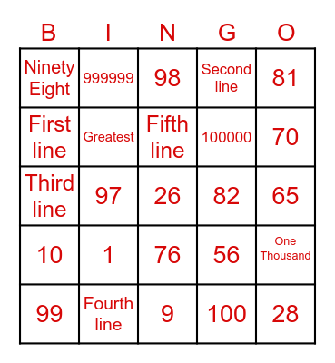 Maths bingo Card