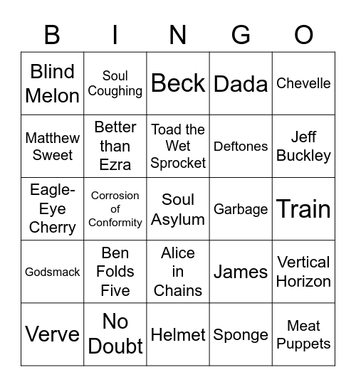 90s Alternative Bingo Card