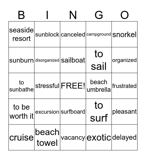 Am Strand und Zum Beschreiben  (E->G) Bingo Card