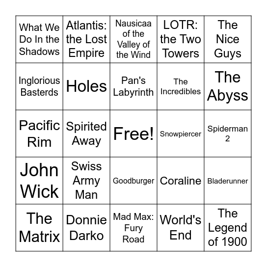 Vera Fave Movies Bingo Card