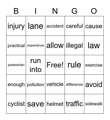 Unit 04 Bicycles on Sidewalks Bingo Card