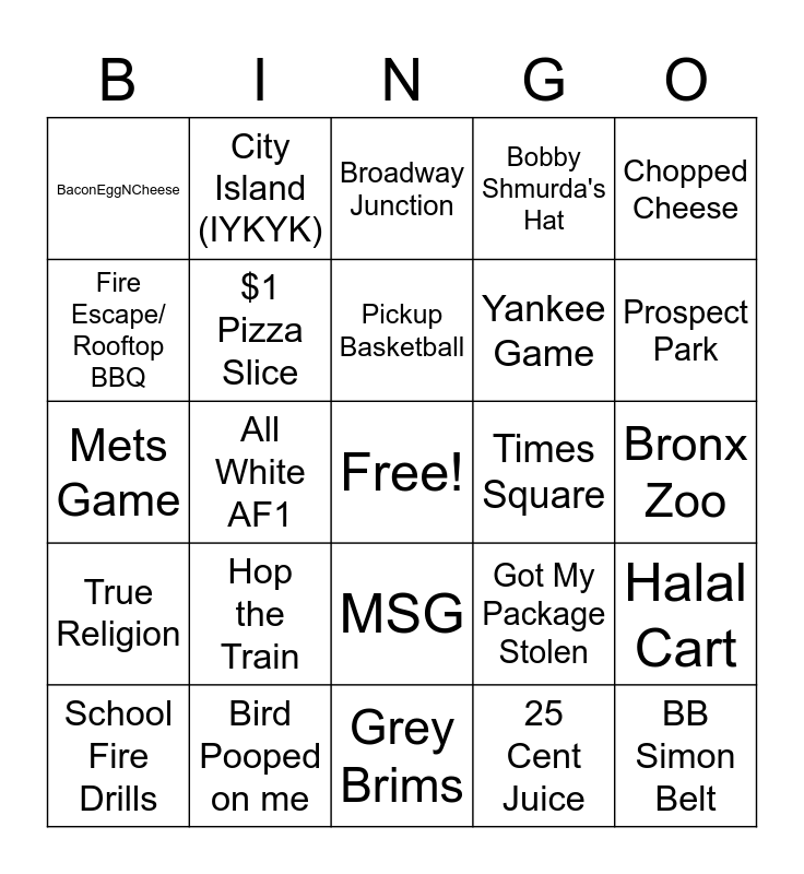 NYC Bingo Card