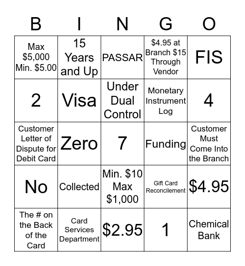 Gift Card Bingo Card