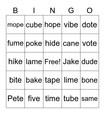 VCe Bingo Card