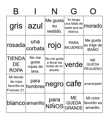 Colors and Phrases for La Ropa Bingo Card