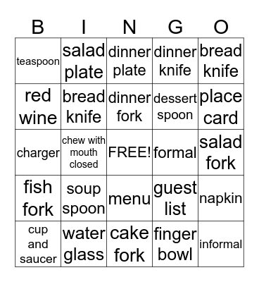 TABLE MANNERS Bingo Card