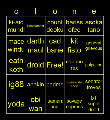 clone wars Bingo Card
