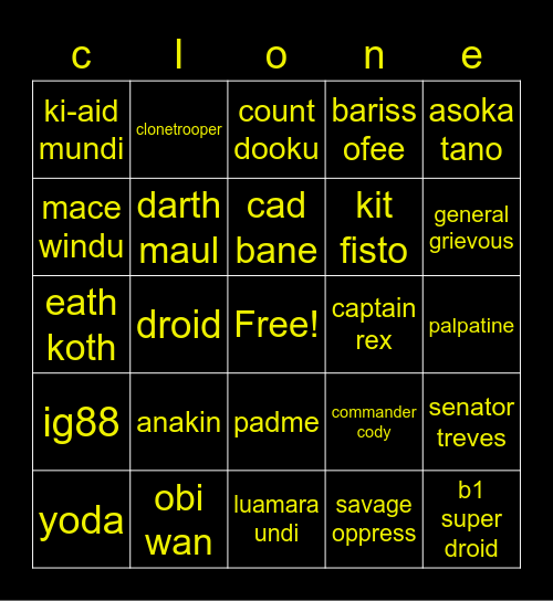 clone wars Bingo Card