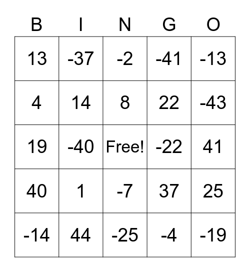 Large Integer BINGO Card