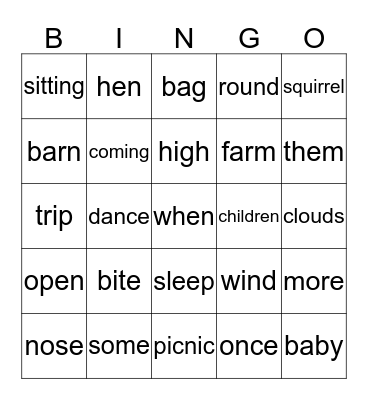 1st Grade Sight Words Bingo Card