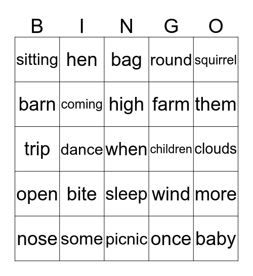 1st Grade Sight Words Bingo Card