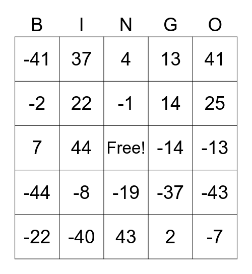 Large Integer BINGO Card