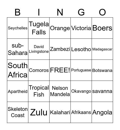 Southern Africa Bingo Card