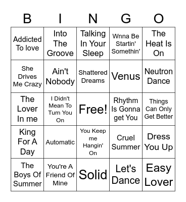 80s Hits Beefs Bingo Card