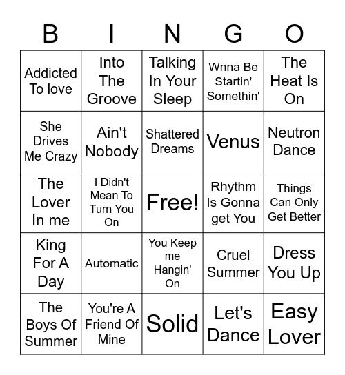 80s Hits Beefs Bingo Card