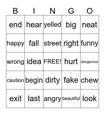 Synonyms Bingo Card