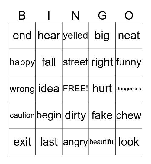 Synonyms Bingo Card