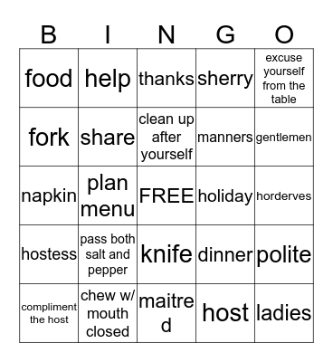 TABLE MANNERS Bingo Card
