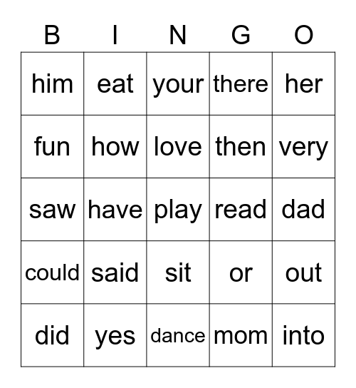 Sight Words Bingo Card