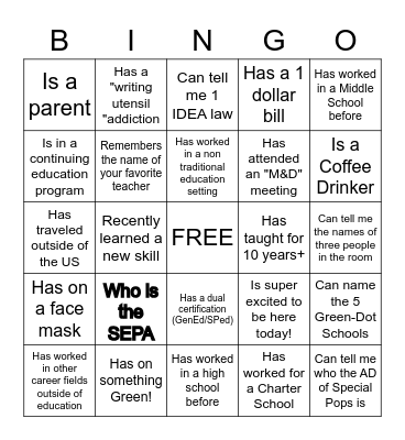 Green Dot Sped Team! Bingo Card
