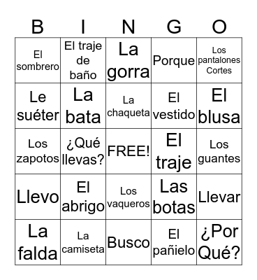La Ropa Bingo Card