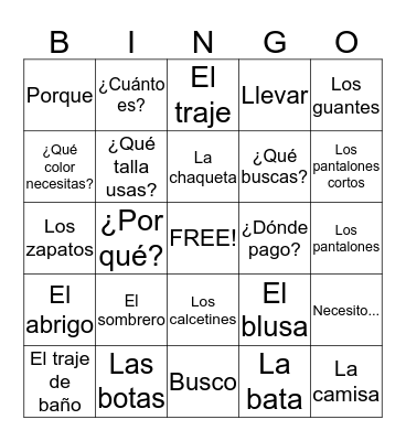 Spanish Bingo Card