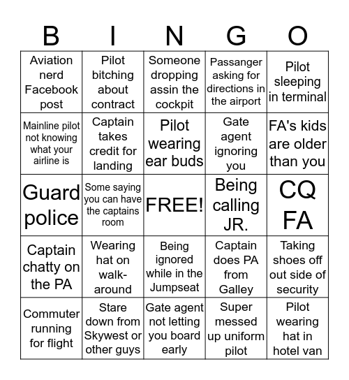 Airline pilot bingo  Bingo Card
